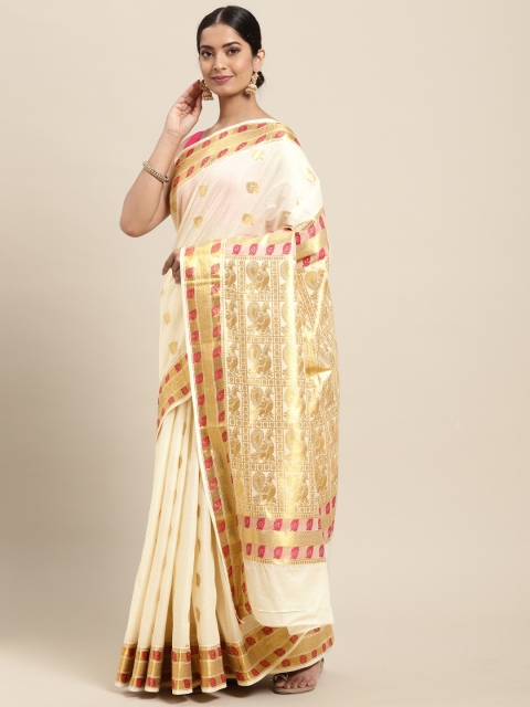 

Thara Sarees Women Off White & Golden Zari Woven Design Pure Cotton Kasavu Saree