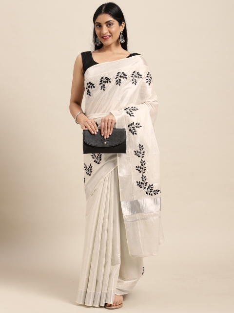 

Thara Sarees Off White & Black Ethnic Motifs Embroidered Pure Cotton Kasavu Saree
