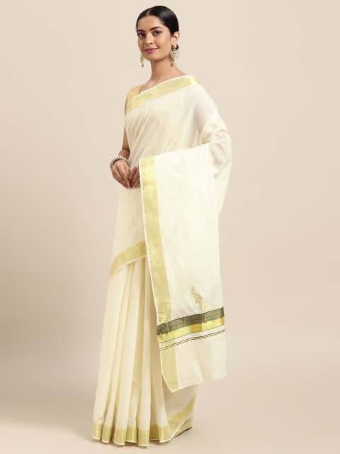 

Thara Sarees Off White & Golden Handloom Solid Zari Pure Cotton Kasavu Saree