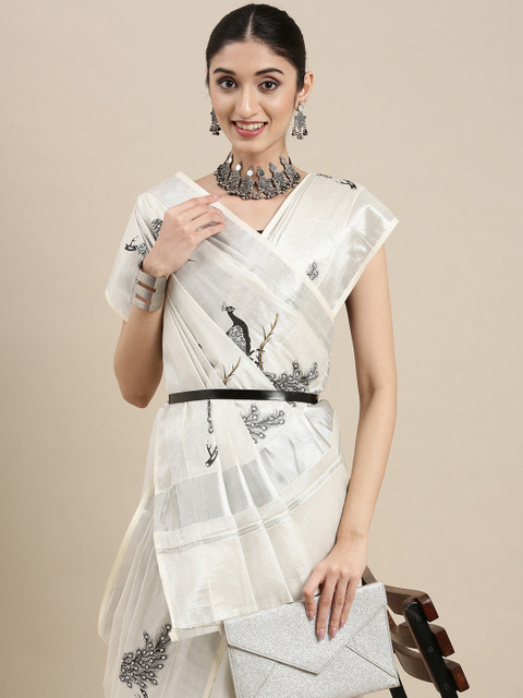 

Thara Sarees Women Off White & Black Ethnic Motifs Zari Pure Cotton Kasavu Saree