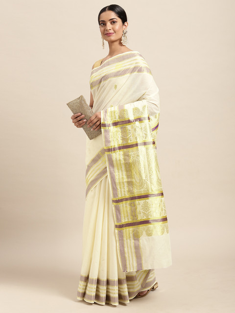 

Thara Sarees Off White & Golden Handloom Zari Pure Cotton Kasavu Saree