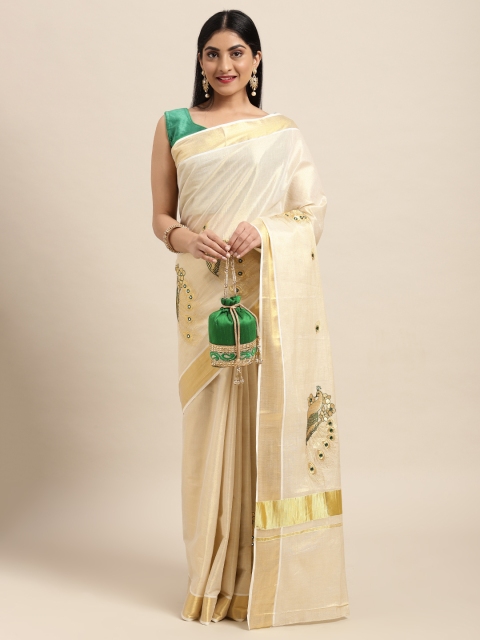 

Thara Sarees Cream-Coloured & Golden Handloom Embroidered Zari Pure Cotton Kasavu Saree