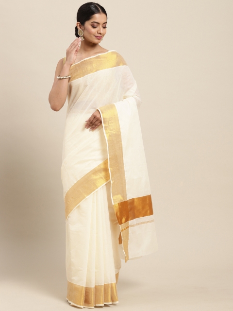

Thara Sarees Women Off White & Golden Zari Woven Design Pure Cotton Kasavu Saree