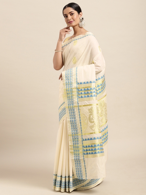 

Thara Sarees Off White & Golden Handloom Ethnic Motifs Zari Pure Cotton Kasavu Saree