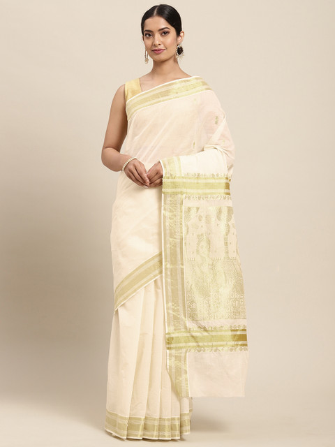 

Thara Sarees Off White & Golden Handloom Zari Work Pure Cotton Kasavu Saree