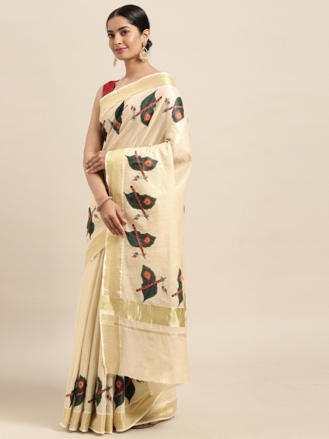 

Thara Sarees Cream-Coloured & Golden Handloom Solid Zari Pure Cotton Kasavu Saree