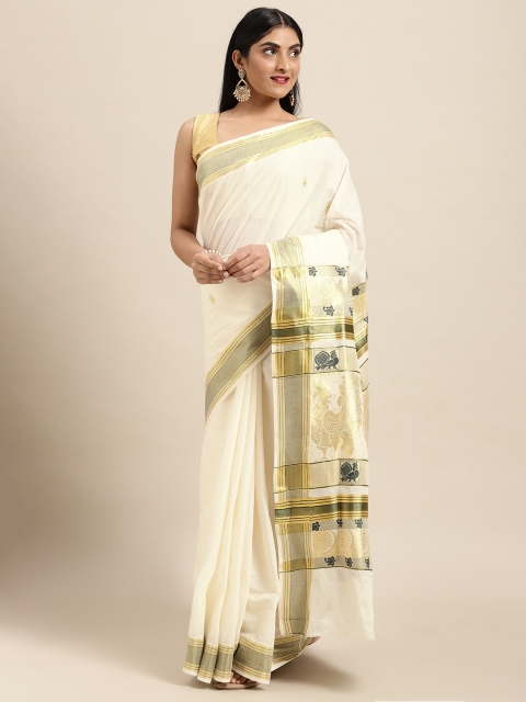 

Thara Sarees Off White & Golden Handloom Zari Work Pure Cotton Kasavu Saree