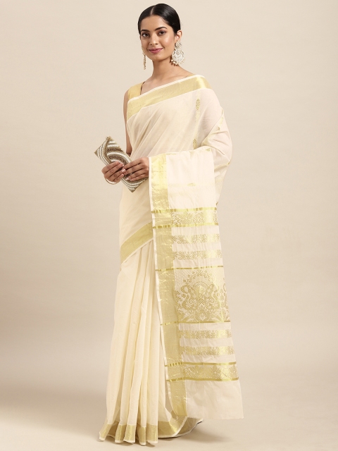 

Thara Sarees Off White & Golden Handloom Zari Work Pure Cotton Kasavu Saree