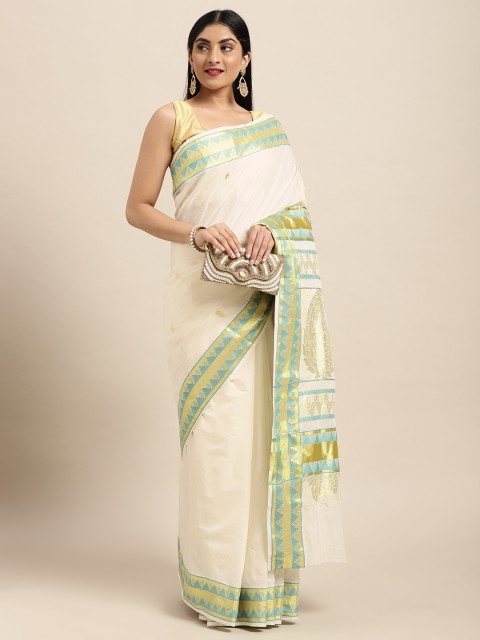 

Thara Sarees Off White & Golden Handloom Ethnic Motifs Zari Pure Cotton Kasavu Saree