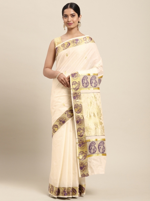 

Thara Sarees Off White & Golden Handloom Zari Work Pure Cotton Kasavu Saree