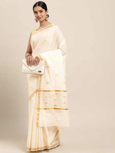 

Thara Sarees Women Off White & Golden Zari Woven Design Pure Cotton Kasavu Saree