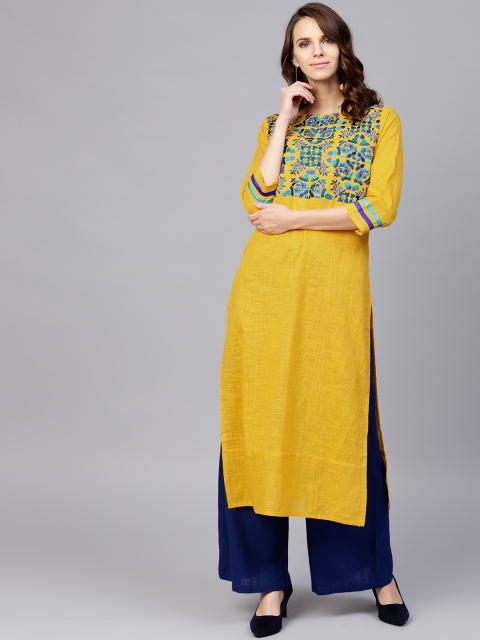 

Jaipur Kurti Women Yellow Yoke Design Straight Kurta