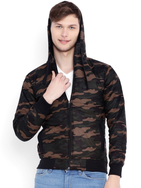 

Campus Sutra Olive Green Camouflage Print Hooded Bomber Jacket