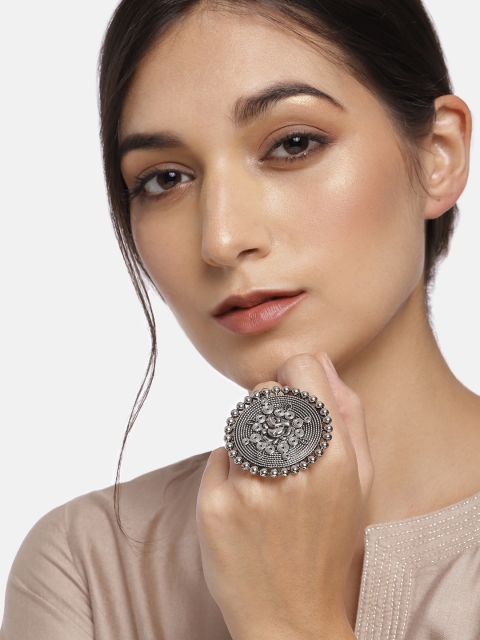 

I Jewels Women Oxidised Silver-Plated Round Shaped Adjustable Finger Ring