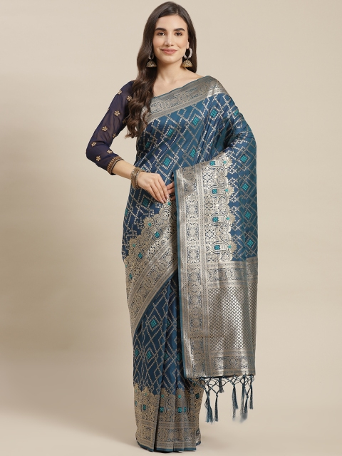

Chhabra 555 Teal Blue Geometric Zari Silk Blend Banarasi Saree
