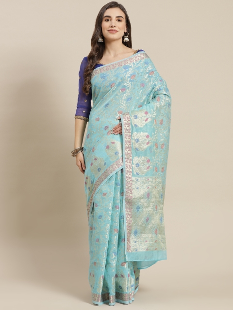 

Chhabra 555 Turquoise Blue Ethnic Motifs Zari Silk Blend Jamdani Saree