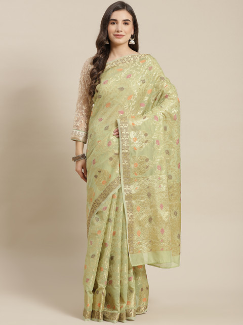 

Chhabra 555 Olive Green Ethnic Motifs Zari Silk Blend Handloom Jamdani Saree