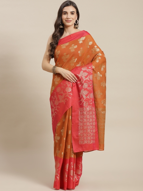 

Chhabra 555 Rust Orange Floral Zari Silk Blend Jamdani Saree