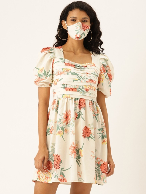 

DIVA WALK EXCLUSIVE Off White Floral Puff Sleeves Dress
