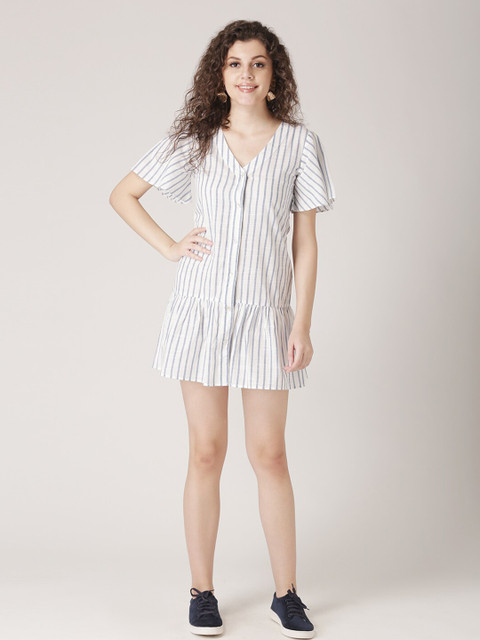 

DIVA WALK EXCLUSIVE Off White Striped Cotton A-Line Dress