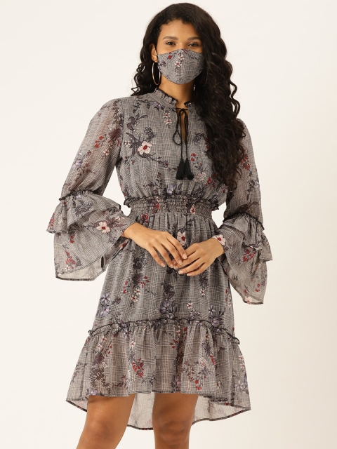 

DIVA WALK EXCLUSIVE Women Black Floral Printed Tie-Up Neck Dress