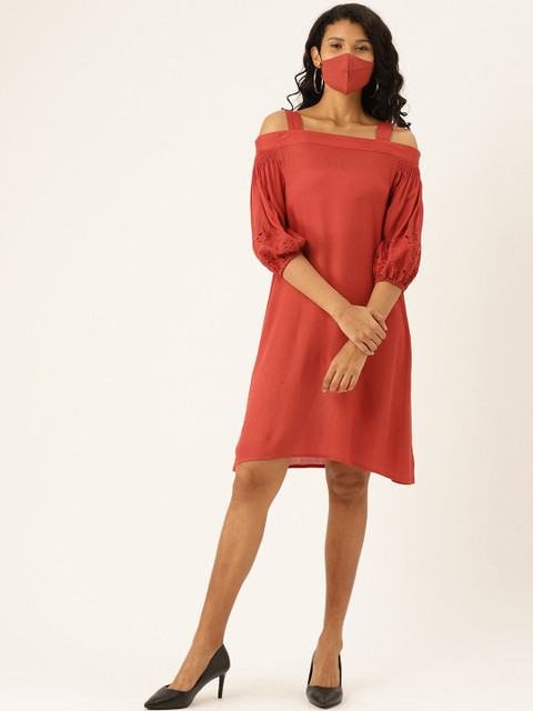

DIVA WALK EXCLUSIVE Rust Cold-Shoulder Sleeves A-Line Dress