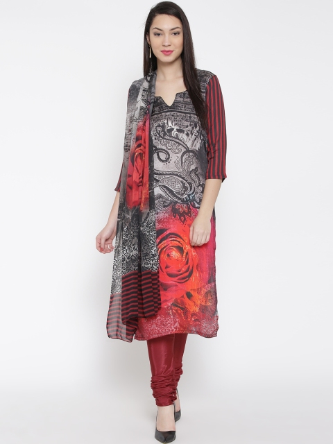 

Jashn Black & Maroon Crepe Printed Unstitched Dress Material