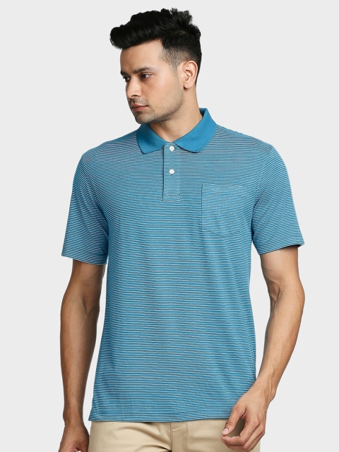

ColorPlus Men Blue & White Striped Polo Collar Pockets Cotton T-shirt