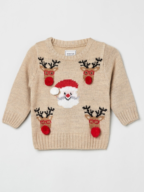 

max Girls Beige & Red Christmas Printed Acrylic Sweater Vest