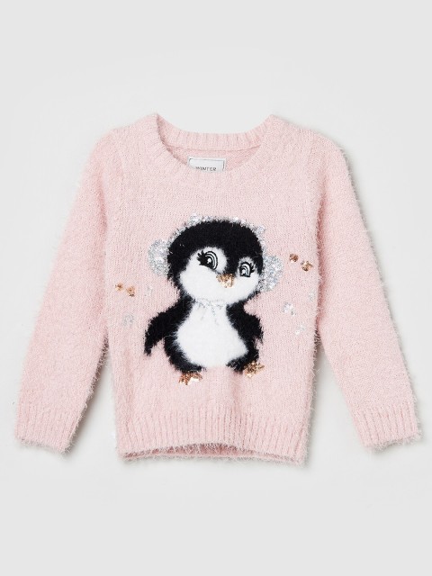 

max Girls Peach-Coloured & Black Animal Printed Pullover with Embellished Detail