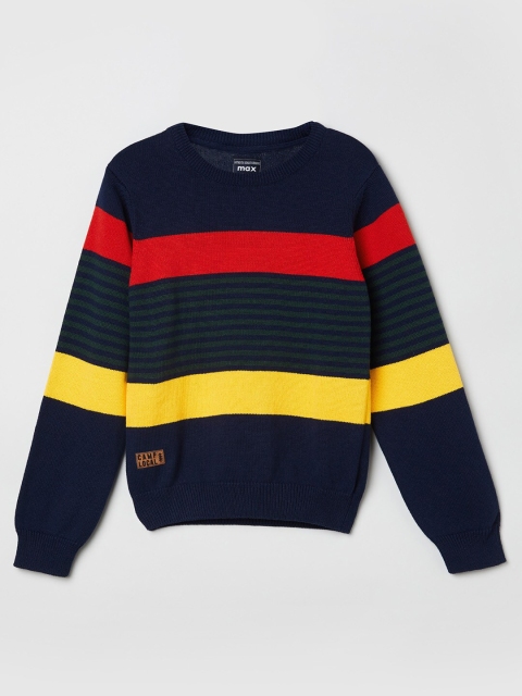 

max Boys Navy Blue & Red Striped Pure Cotton Pullover