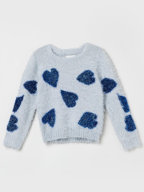 

max Girls Grey & Blue Printed Pullover with Fuzzy Detail