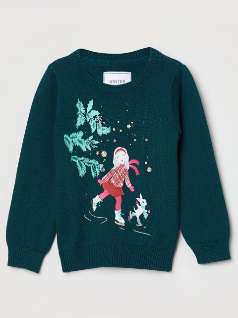 

max Girls Green & Pink Graphic Printed Pure Cotton Pullover
