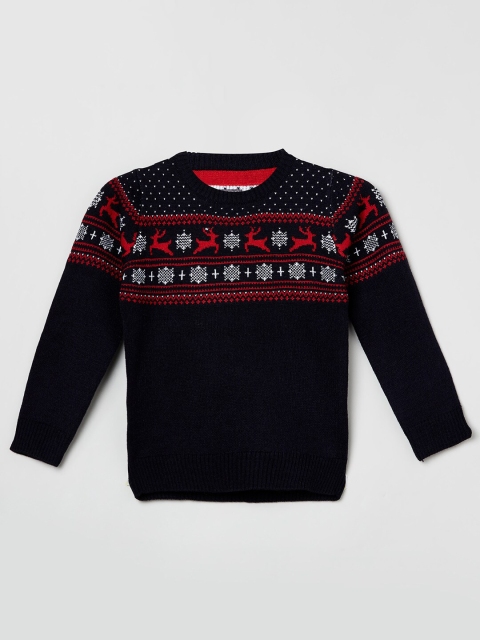 

max Boys Navy Blue & Red Acrylic Wool Pullover