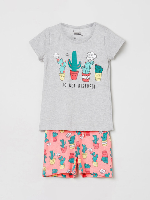 

max Girls Grey & Pink Printed Night suit