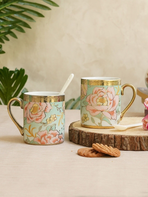 

TIED RIBBONS Blue & Pink Floral Printed Set of 2 Ceramic Glossy Cups
