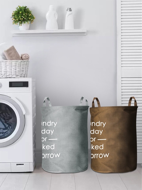 

Story@home Set of 2 Grey & Brown Printed Foldable Round Laundry Bag with Handle
