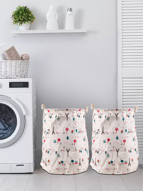 

Story@home Pack Of 2 White & Red Printed Foldable Round Laundry Bag With Carry Handle