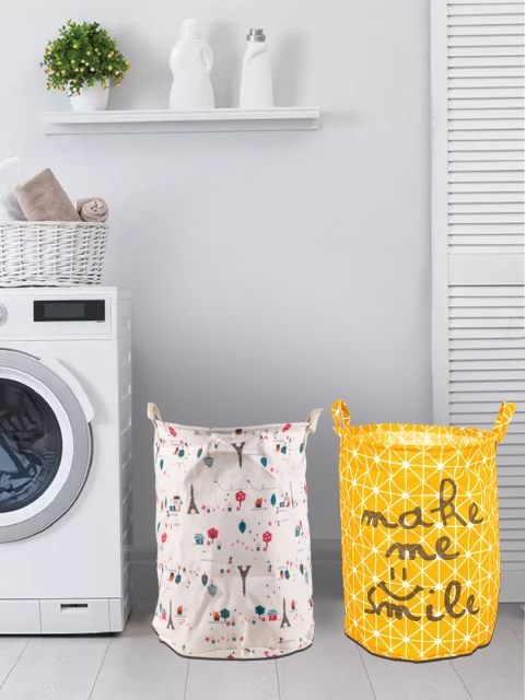 

Story@home White & Yellow Pack of 2 Printed Laundry Bag