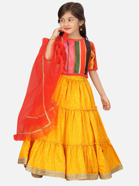 

SALWAR STUDIO Girls Red & Yellow Dyed Ready to Wear Lehenga & Blouse With Dupatta