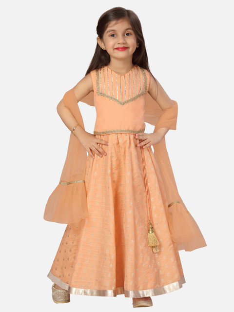 

SALWAR STUDIO Girls Peach-Coloured & Gold-Toned Ready to Wear Lehenga & Blouse With Dupatta