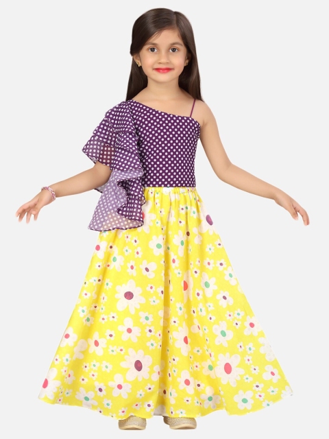 

SALWAR STUDIO Girls Purple & Yellow Printed Ready to Wear Lehenga