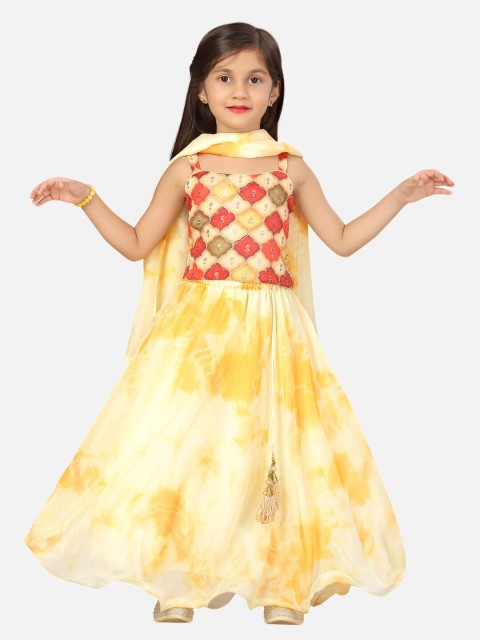 

SALWAR STUDIO Girls Yellow & Red Printed Ready to Wear Lehenga & Blouse With Dupatta