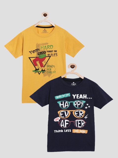 

Peejas Boys Yellow & Navy Blue Typography 2 Printed Pure Cotton T-shirts