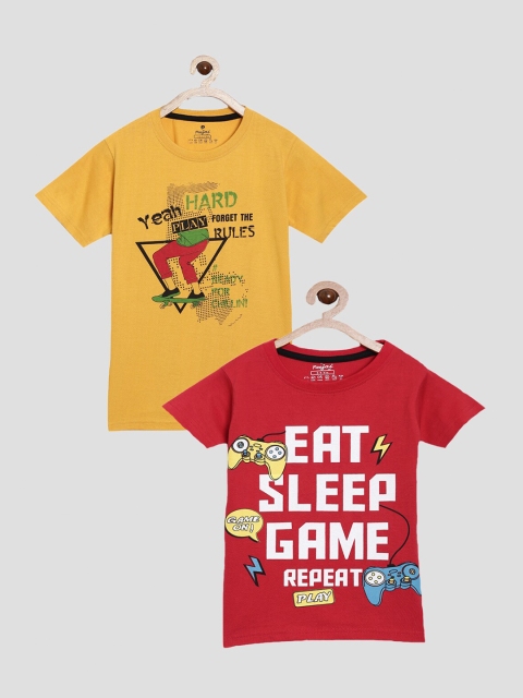 

Peejas Boys Mustard Yellow & Red Typography 2 Printed T-shirt
