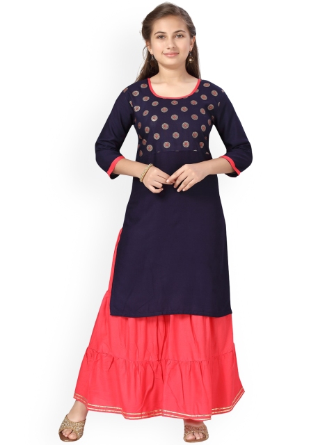 

Aarika Girls Navy Blue Ethnic Motifs Printed Empire Pure Cotton Kurti with Skirt