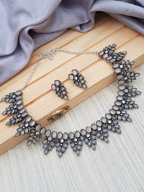 

GRIIHAM Silver Toned Oxidised Champagne Stone Studded Jewellery Set