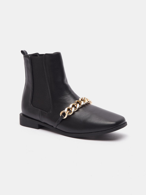 

shoexpress Women Black Mid-Top PU Flat Boots With Chain