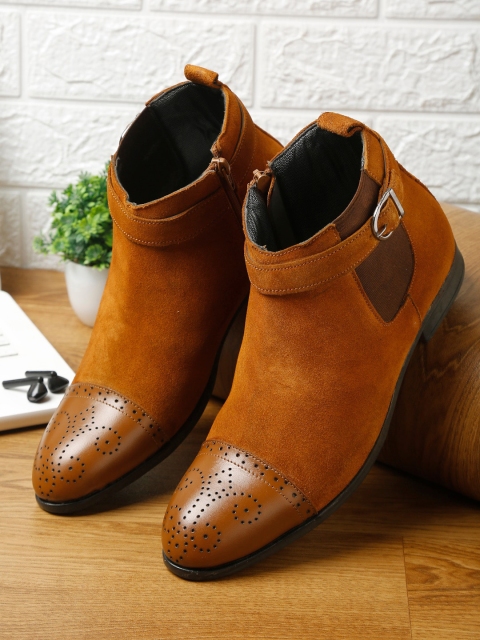 

LOUIS STITCH Men Tan Colourblocked Suede High-Top Flat Boots