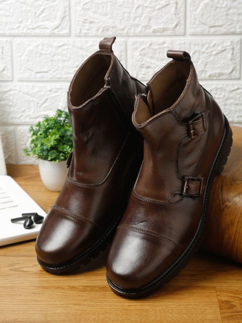 

LOUIS STITCH Men Brown Mid-Top Leather Flat Boots